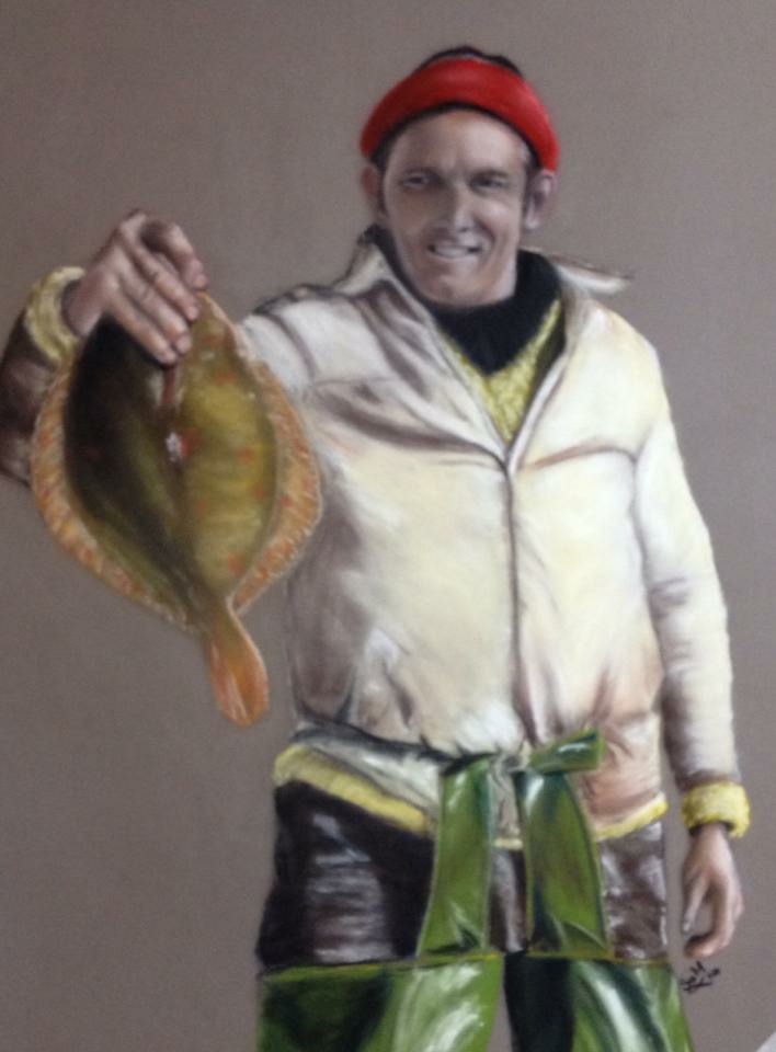 Pastel prortrait of a fisherman holding a plaice