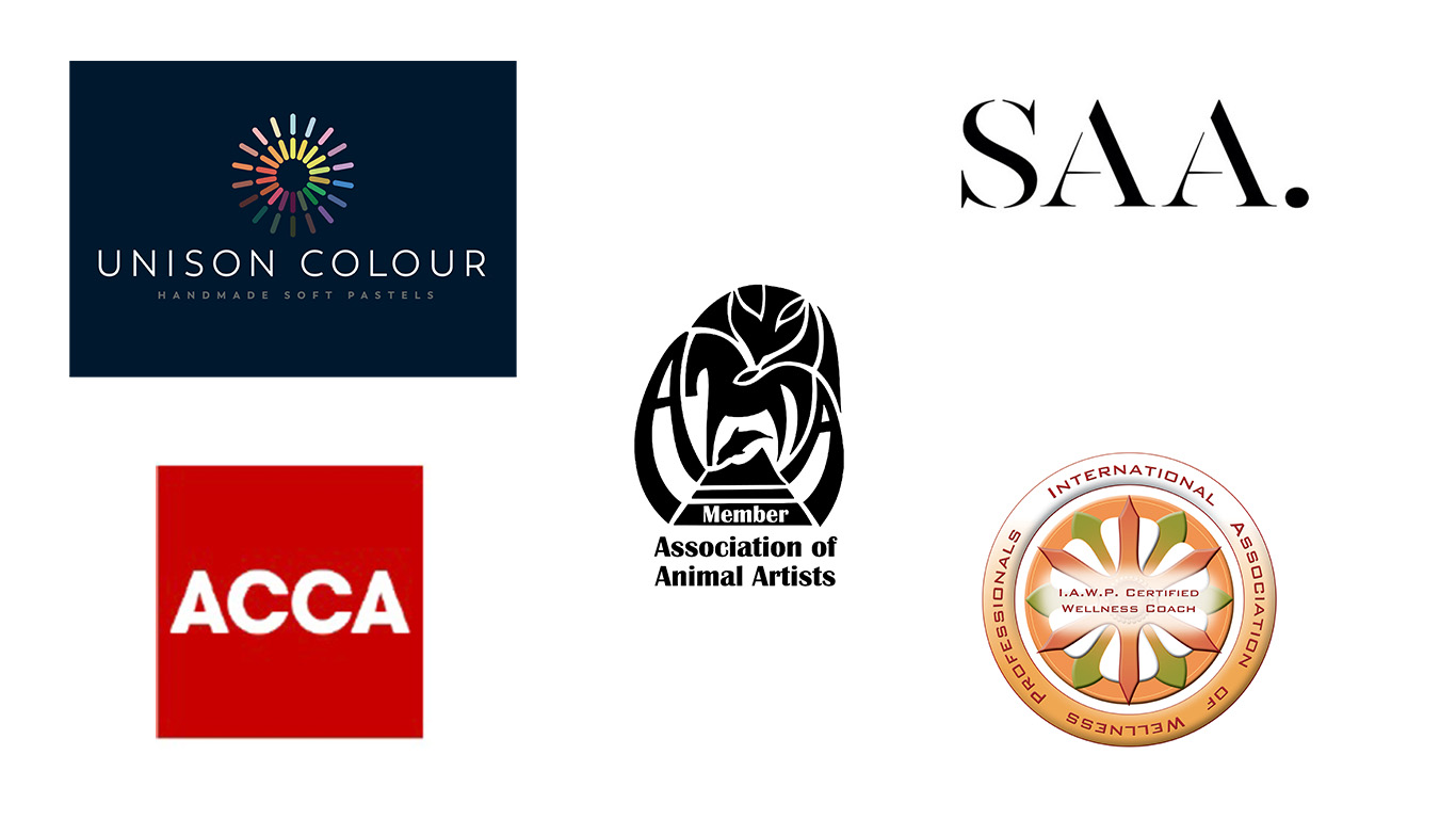 Logos of: Unison Colour Pastels, the SAA, ACCA, The association of Animal Artists, International Wellness Professionals.